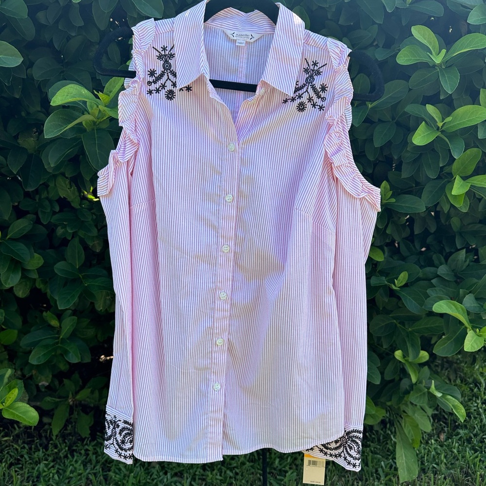 Nanette Lepore Pink Striped Button Down Shirt with Black Embroidery
